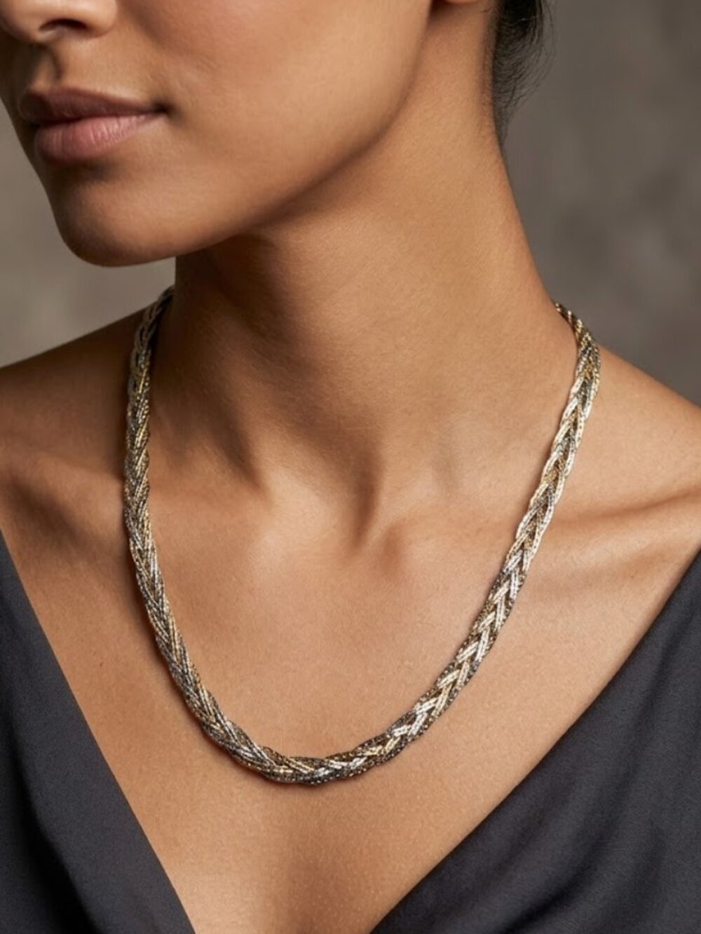 Vintage Korea 5 Strand Braided Herringbone Liquid Necklace Gold & Silver Tone
